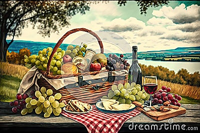 picnic basket overflowing with fruits, cheeses, and bottles of wine on scenic park bench Stock Photo