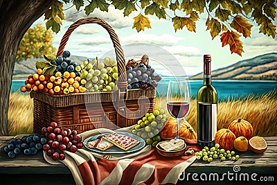 picnic basket overflowing with fruits, cheeses, and bottles of wine on scenic park bench Stock Photo