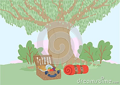 Picnic basket and plaid or tent under the tree. Illustration of outdoor recreation. Camping. Vector drawing Vector Illustration