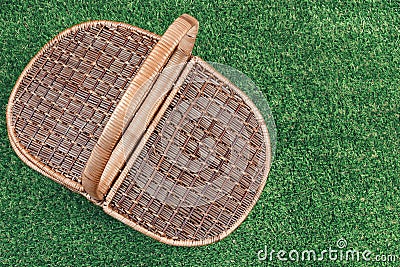 Picnic Basket On The Summer Lawn, Top View Stock Photo