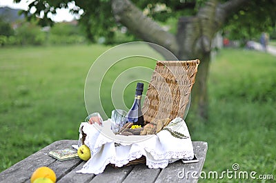 Picnic with a basket, in a wine and fruit basket and pastries. Picnic in the park Stock Photo