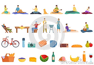 Picnic in city park icons set cartoon vector. Served dinner lawn Vector Illustration