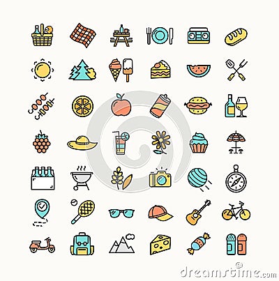 Picnic Color Thin Line Icon Set. Vector Vector Illustration