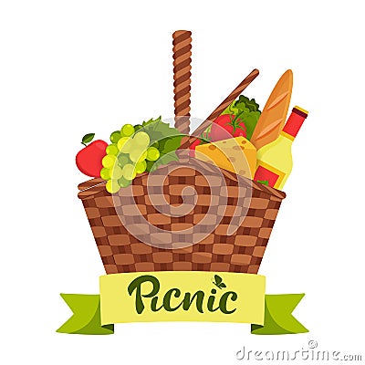 Picnic concept. Wicker picnic basket full of healthy food. Bottle of wine, apple, pear, cheese, baguette, grapes, tomato, salad. Vector Illustration