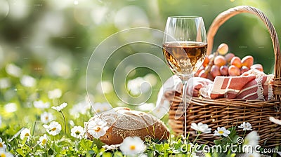 Picnic Essentials: Basket, Bread, and Wine on a Lush Meadow Stock Photo