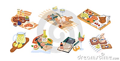 Picnic food set. Summer snacks and drinks. Fruits on tray, cheese on board, lemonade, juice, alcohol cocktail, croissant Cartoon Illustration