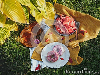 Picnic on the grass. Two donuts with glaze, next to a plate of sliced watermelon and two mugs of tea on a wooden plate. The sun fa Stock Photo