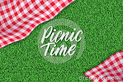 Picnic horizontal background. Vector poster or banner template with realistic red gingham plaid on green grass lawn Vector Illustration