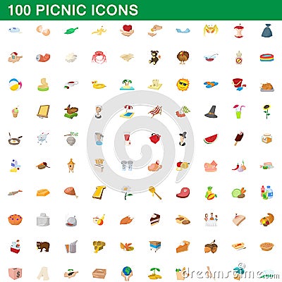 100 picnic icons set, cartoon style Vector Illustration