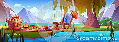 Picnic on lawn against mountain landscape Vector Illustration