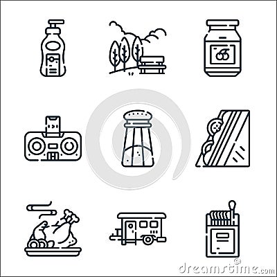 Picnic line icons. linear set. quality vector line set such as matches, cabin, smoke, sandwich, salt, cherry, park Vector Illustration