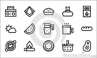 picnic line icons. linear set. quality vector line set such as steak, plate, grilled meat, picnic basket, fire, sun, cup, wipes, Vector Illustration