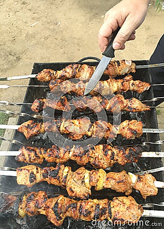 Barbecue, kebab on a grat. A man with a knife tastes barbecue readiness.Appetizing meat is fried in nature. Stock Photo