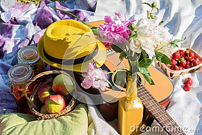 Picnic in the outdoor with guitar, straw hat, apples, strawberry Stock Photo