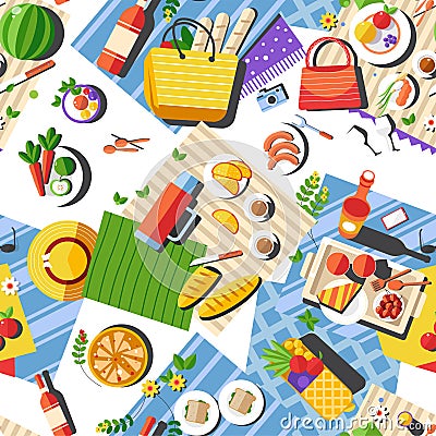 Picnic outside, tablecloth with food and clothes Vector Illustration