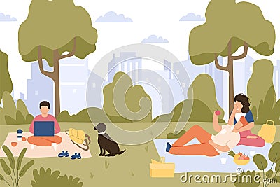 Picnic in park. Summer leisure activity, couple sitting on blanket together, eating apple fruit. Male freelancer Vector Illustration