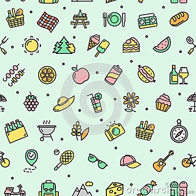 Picnic Party Concept Color Thin Line Sign Seamless Pattern Background. Vector Vector Illustration
