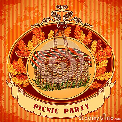 Picnic party in meadow with picnic basket and autumn leaves, grass. Retro invitation,card, print, postcard, poster. Vector Illustration