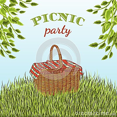 Picnic party in meadow with picnic basket and tree branches. Summer vacation. Vector Illustration