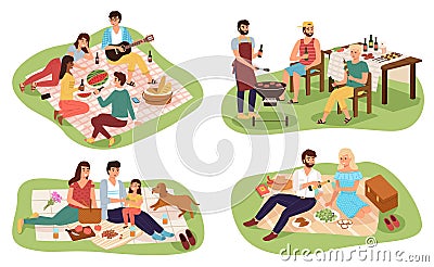 Picnic people. Happy groups young women and men have lunch on nature together, friends sitting in park, family outdoor Vector Illustration