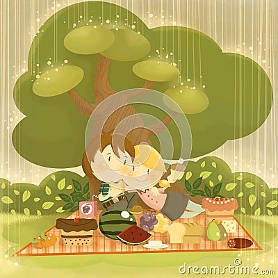 Picnic in the rain Cartoon Illustration