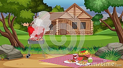 Picnic scene with food on the table and BBQ grill in the garden Vector Illustration
