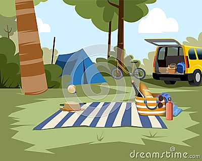 Picnic scene with tent, car and nature background Vector Illustration