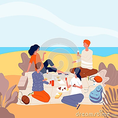 Picnic seaside. Family relax at summer beach outdoor people beverage dinner funny adults picnic vector flat characters Vector Illustration