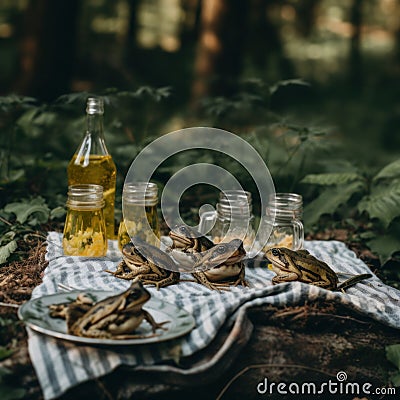 A picnic set up in the woods with a bottle of olive oil. Generative AI image. Stock Photo