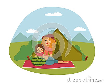 Picnic setting with fresh food hamper basket barbecue resting couple and summer meal party family people lunch garden Vector Illustration