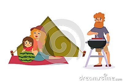 Picnic setting with fresh food hamper basket barbecue resting couple and summer meal party family people lunch garden Vector Illustration