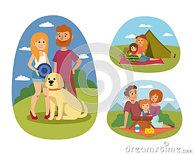 Picnic setting with fresh food hamper basket barbecue resting couple and summer meal party family people lunch garden Vector Illustration