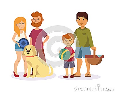 Picnic setting with fresh food hamper basket barbecue resting couple and summer meal party family people lunch garden Vector Illustration
