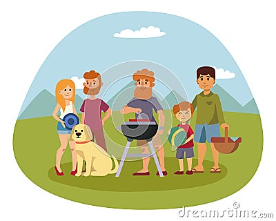 Picnic setting with fresh food hamper basket barbecue resting couple and summer meal party family people lunch garden Vector Illustration