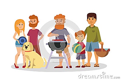 Picnic setting with fresh food hamper basket barbecue resting couple and summer meal party family people lunch garden Vector Illustration