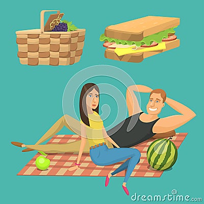 Picnic setting with red wine glasses picnic hamper basket. Barbecue resting couple vector character Vector Illustration