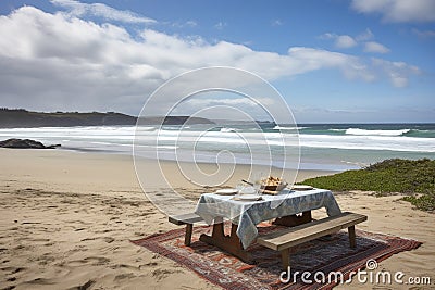 picnic setting with view of the beach, sand and waves in the background Stock Photo