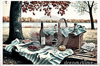 picnic setup featuring basket, blanket, and bottle of wine on park bench Stock Photo