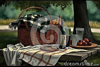 picnic setup featuring basket, blanket, and bottle of wine on park bench Stock Photo