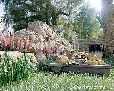 picnic stilllife on nature background with ancient ruins,bread and pitcher Stock Photo