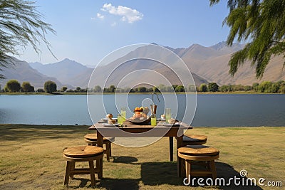 picnic with stunning view of a mountain range or serene lake, for the ultimate outdoor dining experience Stock Photo