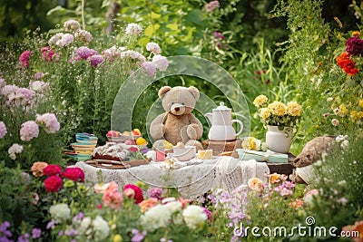 Picnic in the Summer Garden With a cute teddy bear Stock Photo