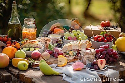 picnic on a sunny day, with fresh and colorful foods and drinks Stock Photo