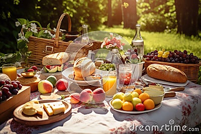 picnic on a sunny day, with fresh and colorful foods and drinks Stock Photo