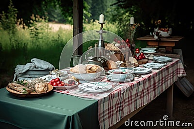 picnic table with checkered blanket, dishes, and cutlery for elegant picnic Stock Photo