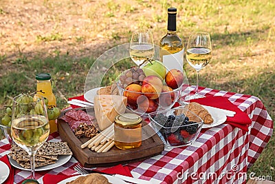 Picnic table with tasty snacks and wine Stock Photo