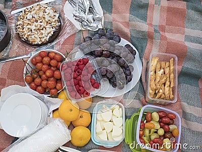 Picnic table, food served outdoors on the fabric picnic cloth. Close up, top view. Fresh vegetables and fruits, grapes Stock Photo