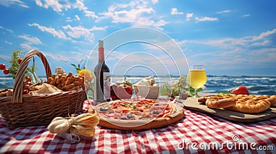 Picnic Table Set Up At The Beach With Wine, Fresh Fish, Pizza, Bread And Salad Stock Photo