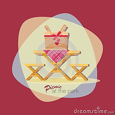 PICNIC TIME. Lunch basket. Picnic at the park. Vector flat illustration. Table with chairs. Emblem Vector Illustration