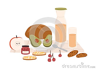 Picnic towel with served food and snacks for outdoor breakfast or lunch. Bread, avocado, bottle of juice, jar of jam Vector Illustration